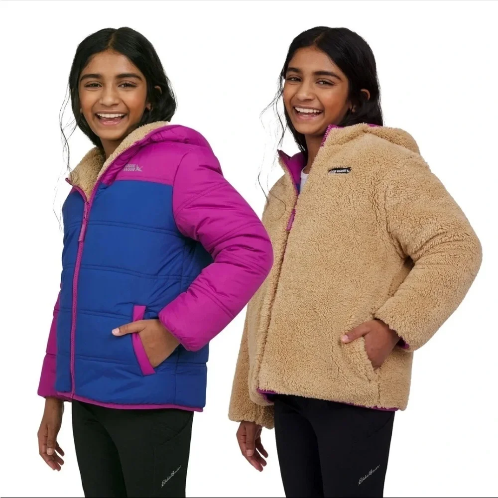 Eddie Bauer Kids Youth Reversible Jacket Girls Purple Blue Teddy